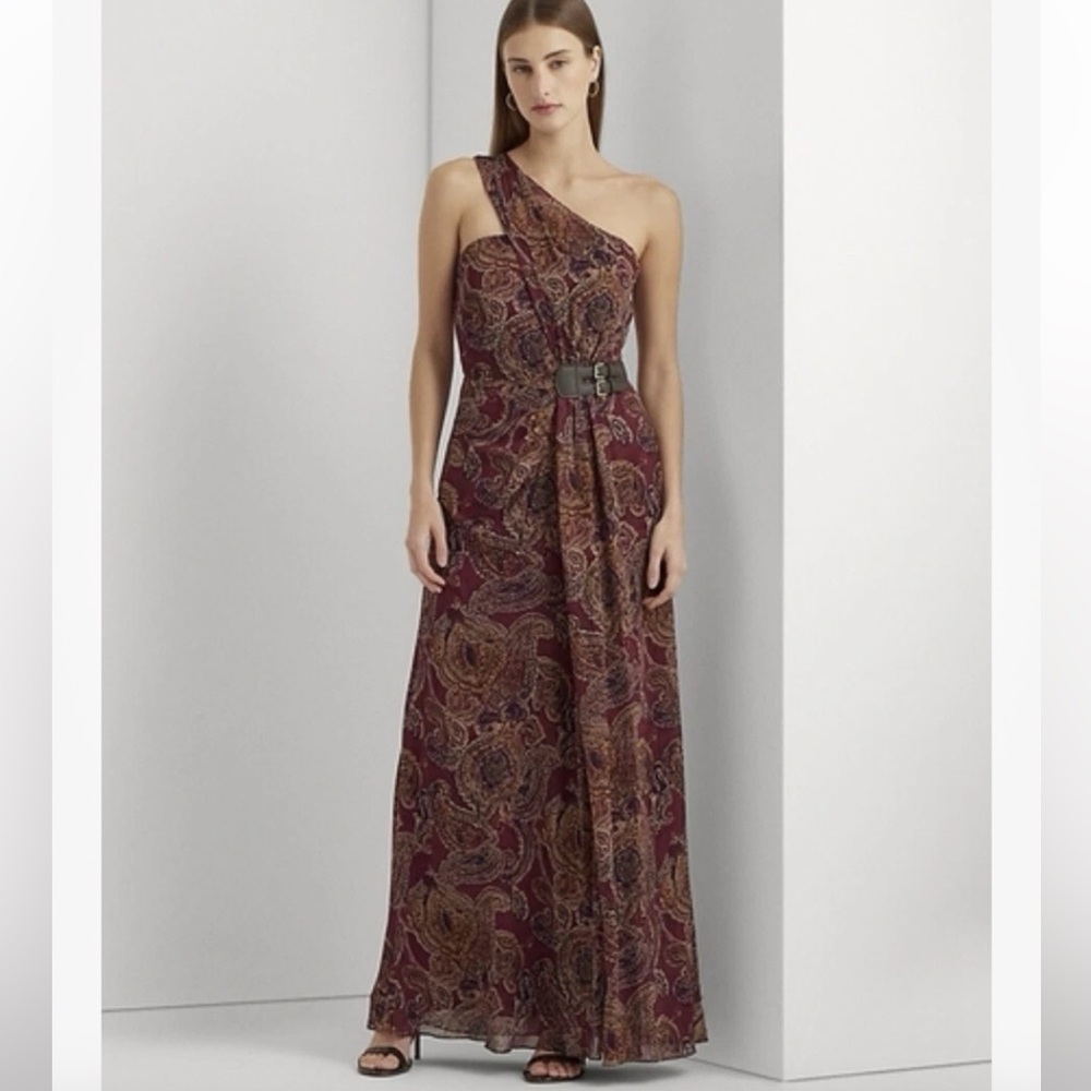 Ralph Lauren One-Shoulder Paisley Maxi Dress in Burgundy and Gold